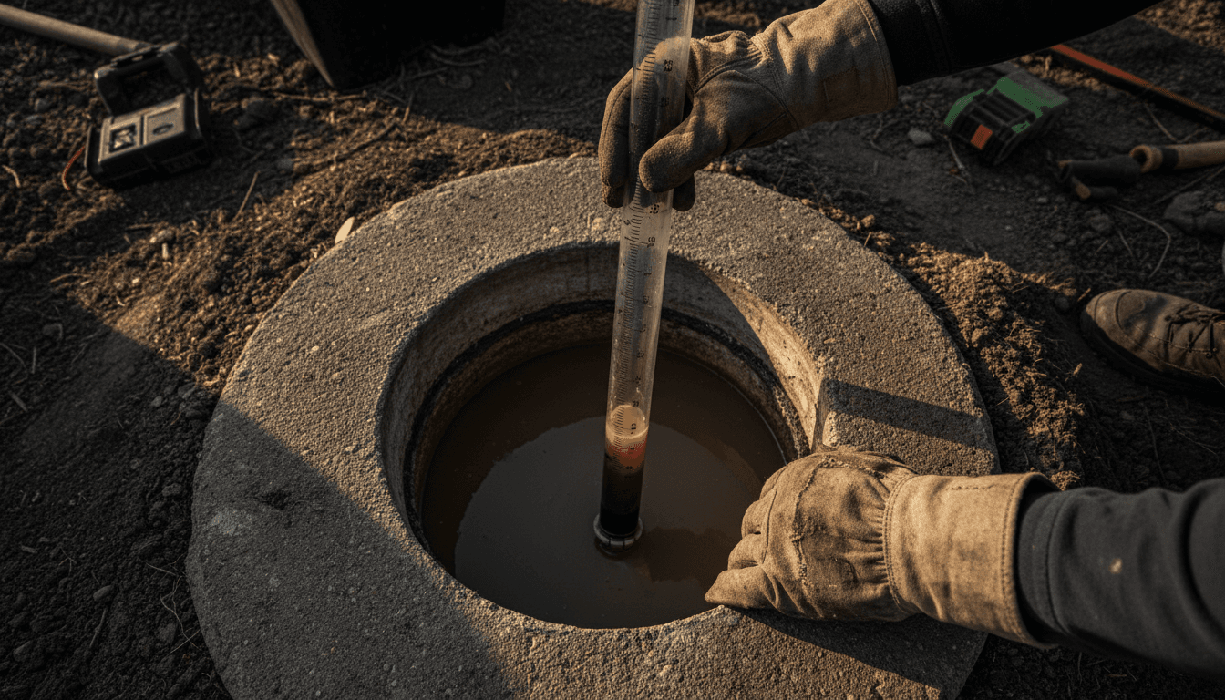 Technician measuring septic tank sludge levels with precision tool