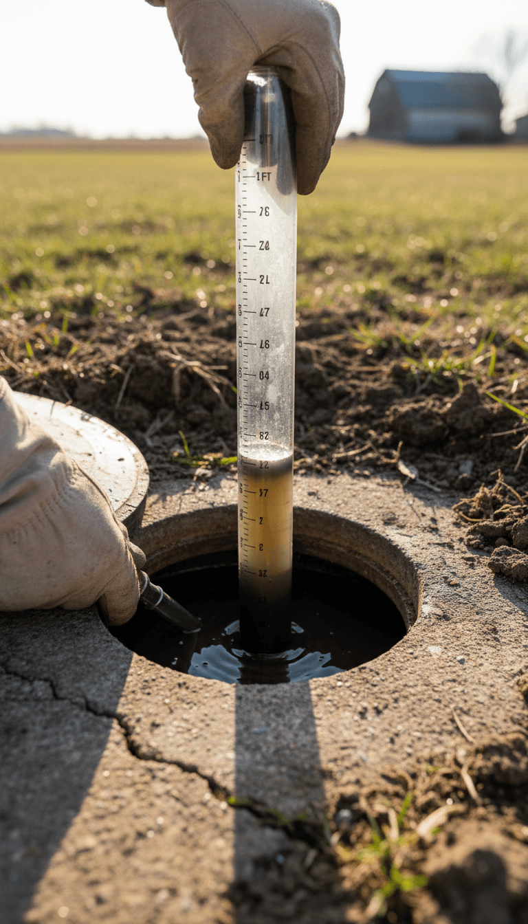 Technician measuring sludge levels with a Sludge Judge tool in a septic tank