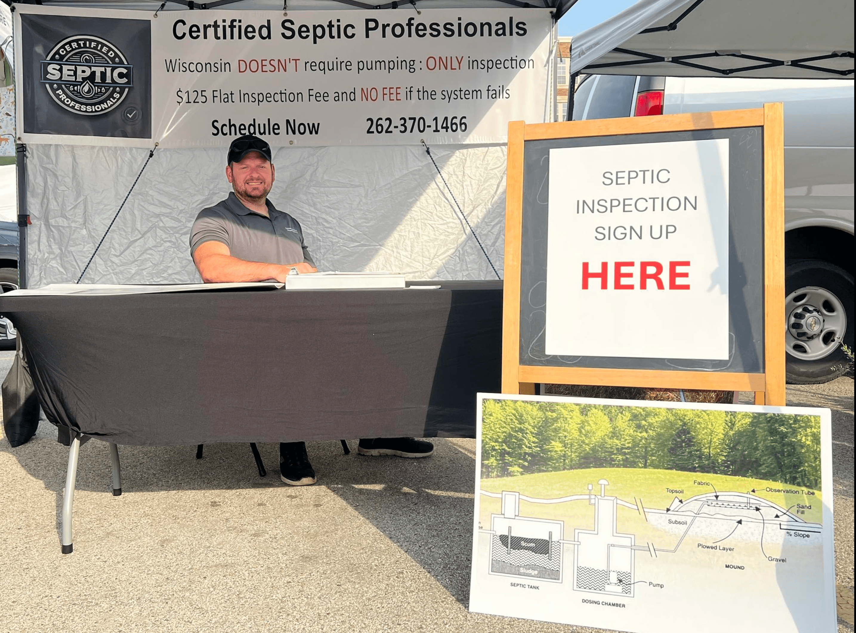 Man at a Certified Septic Professionals booth with a septic inspection sign-up sign and diagram.